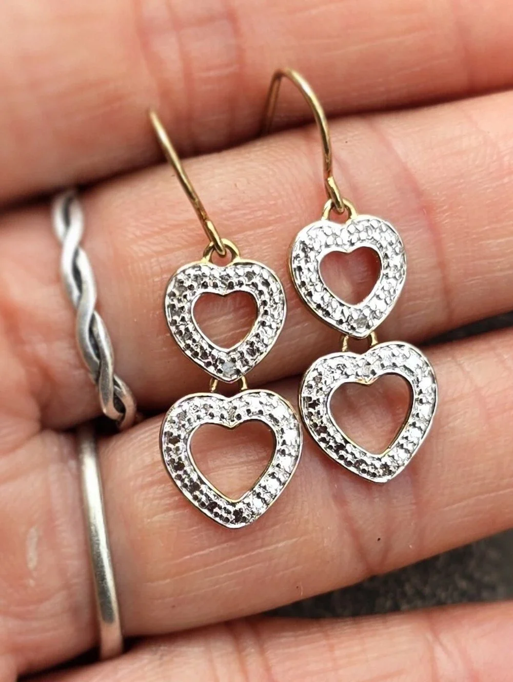 Fancy genuine diamond 925 sterling silver gold vermeil double heart dangle earri